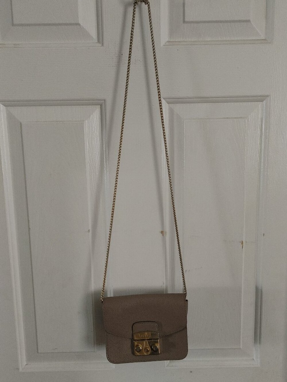 Furla Metropolis Mini Crossbody Bag Flap Top Purse Sabbia Gold Chain Strap Clasp